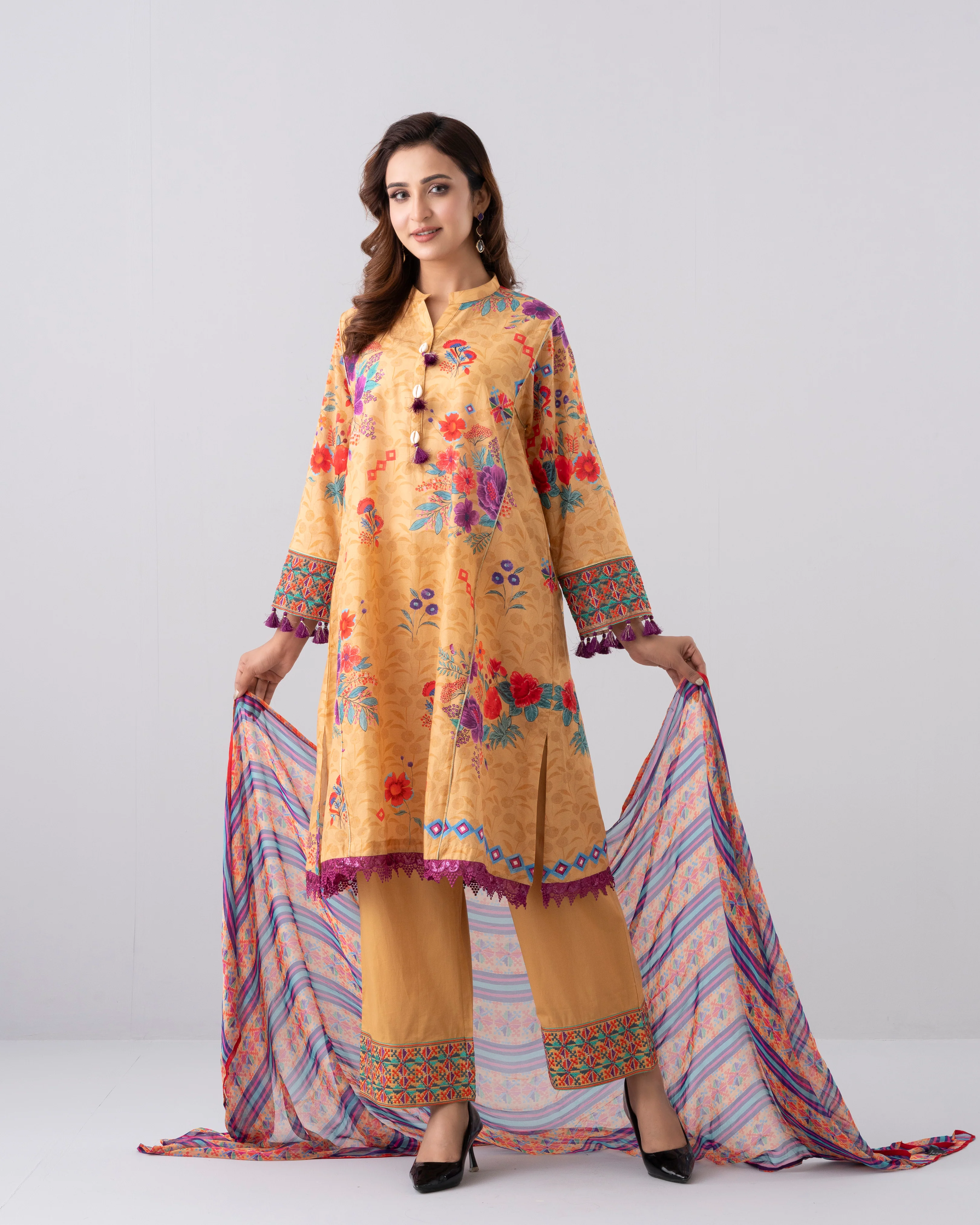 Relaxed Fit Printed Three-Piece Lawn with Chiffon Dupatta
