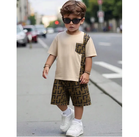 2pcs boys' clothing geometric pattern printed short sleeved round neck T-shirt with pockets paired with shorts casual set